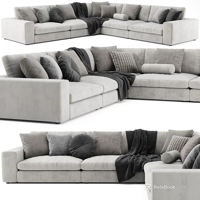 Comfortable Light Gray Sectional Sofa With Multiple Throw Pillows And Soft Blanket 3d model 