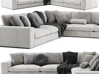 Comfortable Light Gray Sectional Sofa With Multiple Throw Pillows And Soft Blanket 3d model