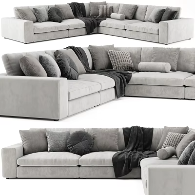 Comfortable Light Gray Sectional Sofa With Multiple Throw Pillows And Soft Blanket 3d model
