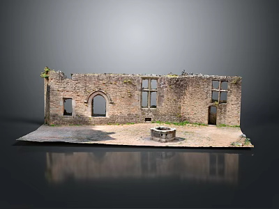 Ancient Stone Building Ruins With Damaged Walls Arched Windows Stone Well And Surrounding Plants 3d model