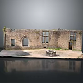 Ancient Stone Building Ruins With Damaged Walls Arched Windows Stone Well And Surrounding Plants