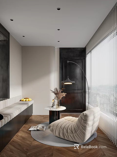 Stylish Home Balcony Interior With Cozy Sofa Round Table Floor Lamp And City View 3d model 
