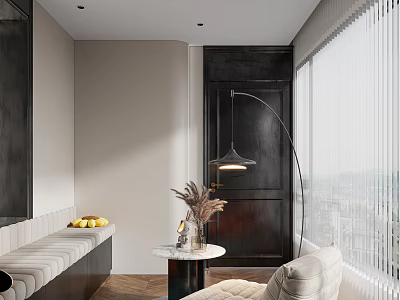 Stylish Home Balcony Interior With Cozy Sofa Round Table Floor Lamp And City View 3d model
