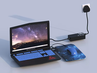 Modern Laptop Setup With Mouse Mouse Pad Power Adapter And Starry Sky Mountain Wallpaper 3d model