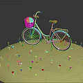 Light Blue Bicycle With Basket On Handlebar Surrounded By White Flowers On Green Platform