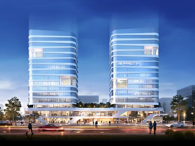 Modern twin office towers glass curtain walls evening lighting ground floor commercial spaces pedestrians vehicles 3d model