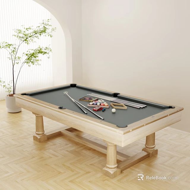 Billiard Table Sports Equipment With Wooden Frame Cues And Balls In Indoor Room 3d model 