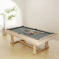 Billiard Table Sports Equipment With Wooden Frame Cues And Balls In Indoor Room