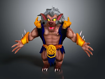 Game Movie Character 3D Model Gray Fur Red Ears Yellow Eyes Sharp Fangs Spiked Claws 3d model