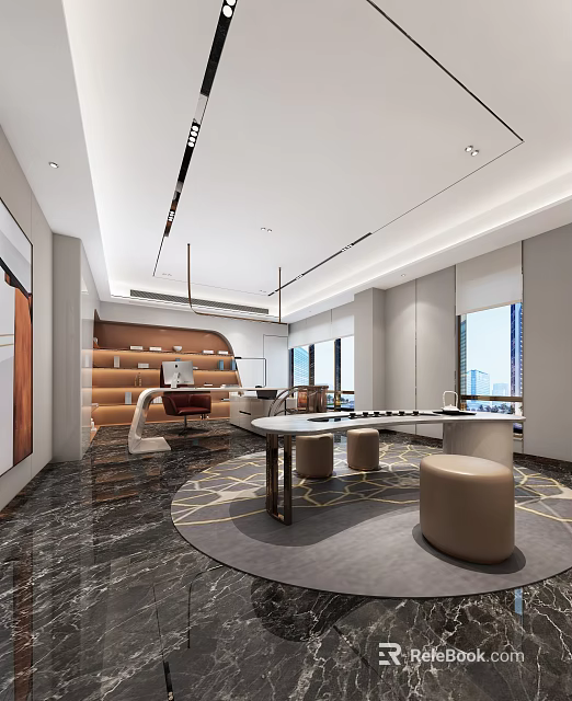 Modern Office Interior Design With Open Layout Round Table And Large Windows 3d model