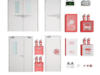 Essential Fire Safety Equipment Collection Featuring Fire Doors Extinguishers Hydrant Cabinets And Smoke Alarms 3d model