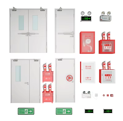 Essential Fire Safety Equipment Collection Featuring Fire Doors Extinguishers Hydrant Cabinets And Smoke Alarms 3d model