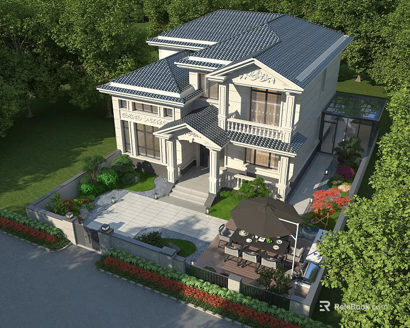 Elegant Two Story Detached Villa with Lush Greenery Private Garden and Outdoor Patio Seating 3d model 