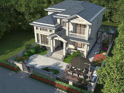 Elegant Two Story Detached Villa with Lush Greenery Private Garden and Outdoor Patio Seating 3d model