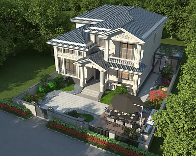 Elegant Two Story Detached Villa with Lush Greenery Private Garden and Outdoor Patio Seating 3d model