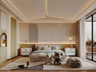 Modern Kids Bedroom Interior With Bed Pillows Stuffed Teddy Bear Soft Rug And Warm Lighting 3d model