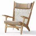 Modern Wooden Lounge Chair Featuring Woven Rope Design And Padded Seat Backrest