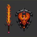 Mythical Flaming Sword and Phoenix Design Shield with Red Gemstones and Glowing Accents