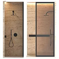 Modern Shower Sauna with Beige Stone Walls Black Showerhead Handheld Shower and Glass Partition