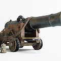 Historical Antique Cannon Weapon with Wooden Carriage Ropes Wheels and Cannonballs