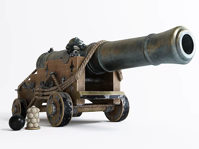 Historical Antique Cannon Weapon with Wooden Carriage Ropes Wheels and Cannonballs 3d model
