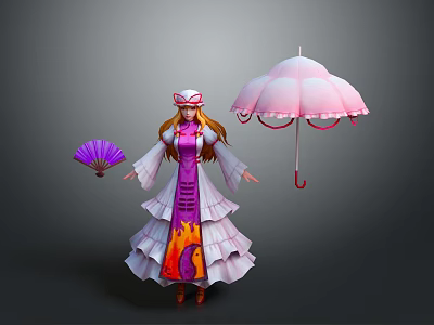 Female Character In Purple White Dress With Hat Purple Fan Pink Umbrella And Flame Patterns 3d model
