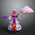 Female Character In Purple White Dress With Hat Purple Fan Pink Umbrella And Flame Patterns