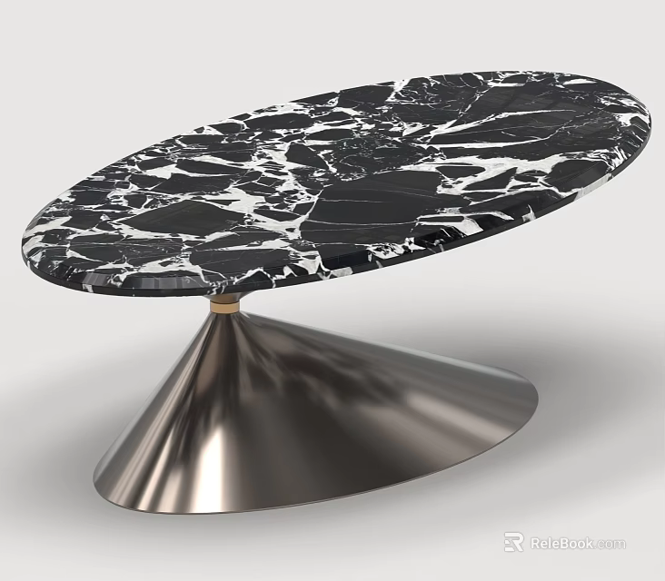 Elegant Oval Black Marble Coffee Table With Polished Metal Conical Base For Modern Sofa Sets 3d model 