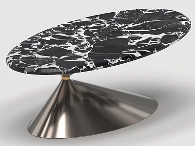 Elegant Oval Black Marble Coffee Table With Polished Metal Conical Base For Modern Sofa Sets 3d model