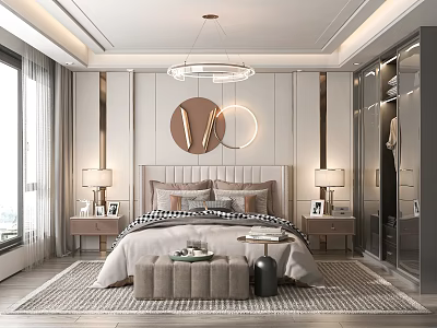Elegant Modern Bedroom Interior With Bed Circular Wall Art Nightstands And Bench 3d model