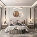Elegant Modern Bedroom Interior With Bed Circular Wall Art Nightstands And Bench
