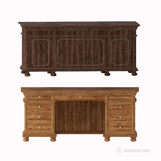 Dark And Light Wooden Desks With Carved Details Drawers And Decorative Legs 3d model 