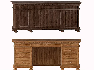 Dark And Light Wooden Desks With Carved Details Drawers And Decorative Legs 3d model