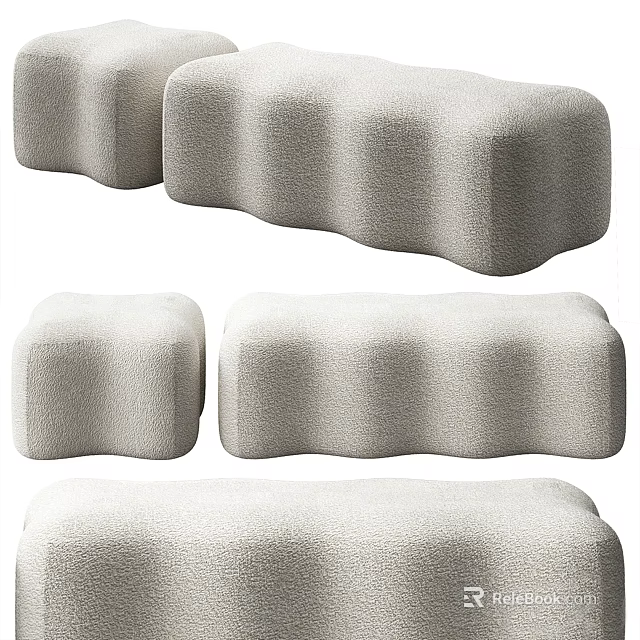 Modern Soft Sofa Bench With Wave Shape Design Fluffy Light Gray Fabric 3d model 