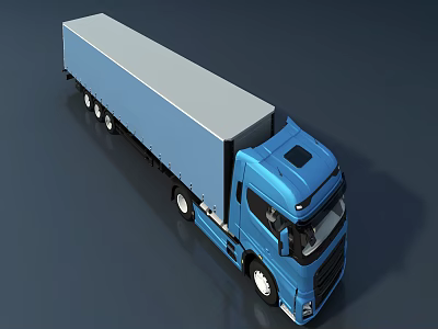 Blue Semi Truck With Cab And Gray Trailer On Dark Background 3d model