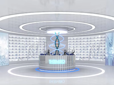 Futuristic Tech Space with Circular Counter DNA Structure Ring Lights and Display Shelves 3d model