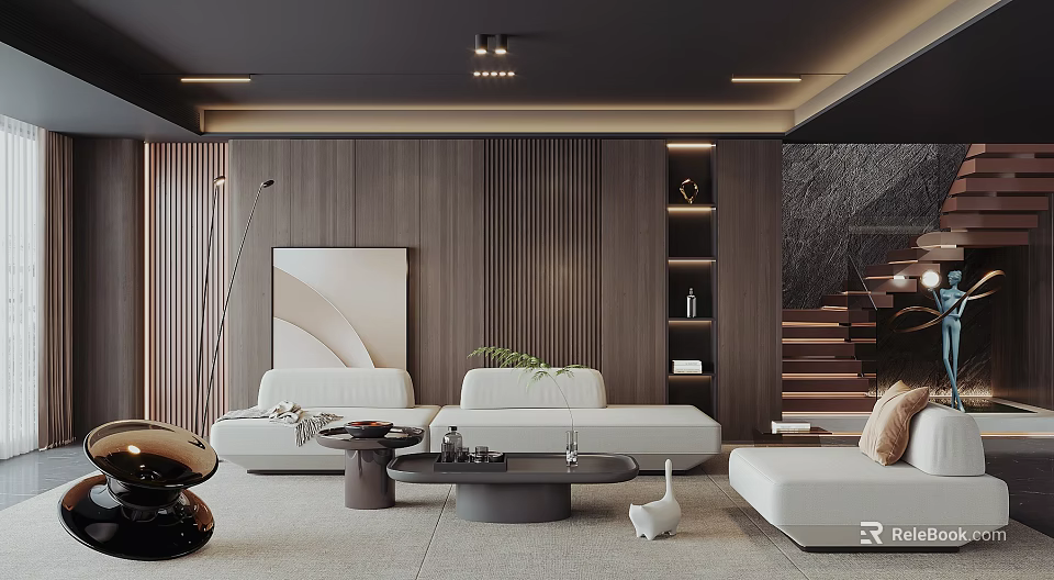 Modern Elegant Living Room Interior With White Sofa Wooden Wall Artwork Coffee Table And Staircase 3d model 