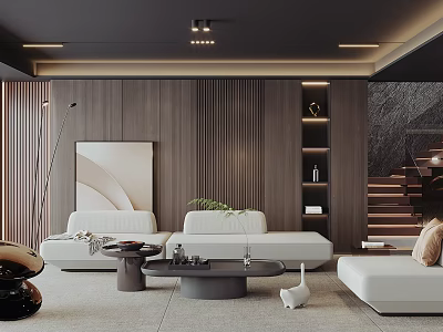 Modern Elegant Living Room Interior With White Sofa Wooden Wall Artwork Coffee Table And Staircase 3d model