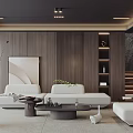 Modern Elegant Living Room Interior With White Sofa Wooden Wall Artwork Coffee Table And Staircase