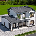 Modern Chinese Detached Villa Two Story Tile Roof White Walls With Swimming Pool And Greenery
