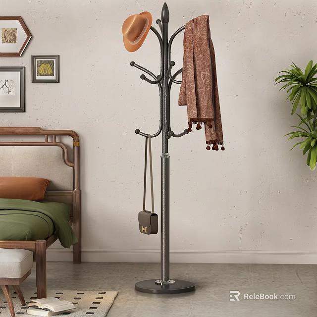 Coat Rack Holding Scarf and Bag in Bedroom with Green Quilt Orange Pillow Plant Frames 3d model 