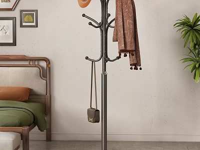 Coat Rack Holding Scarf and Bag in Bedroom with Green Quilt Orange Pillow Plant Frames 3d model