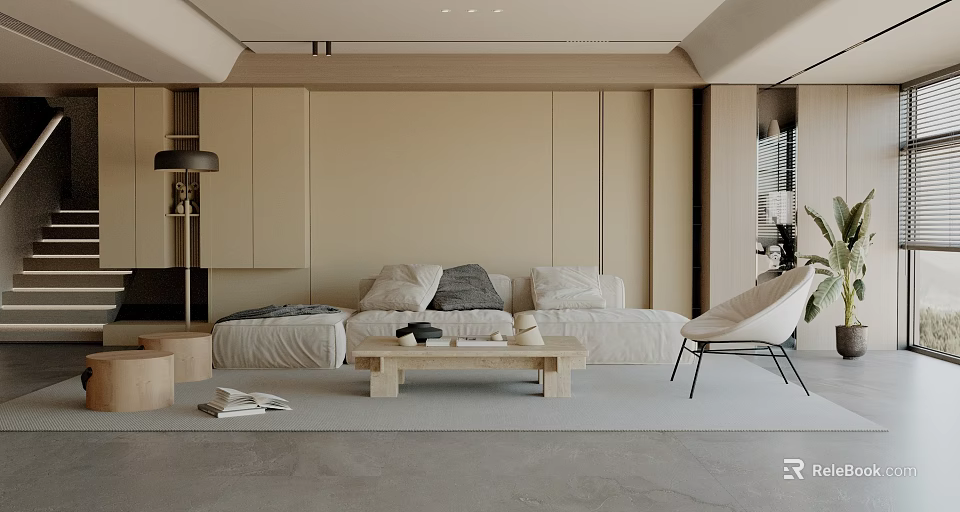 Minimalist Modern Living Room Interior With Neutral Sofa Coffee Table And Accent Chair 3d model 