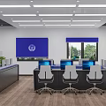 Office Interior of Traffic Accident Traceability Quick Handling Center with Blue Wall Desks Computers Chairs