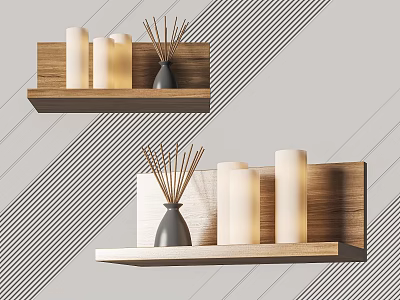 Decorative Lights on Wooden Shelves with Candles Gray Vase and Reed Diffusers 3d model