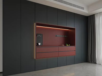 Modern Sideboard With Red Cabinet Dark Gray Wall LED Strip Lighting Drawers And Shelf 3d model