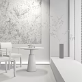 Modern Minimalist Interior With Round Table And White Chairs Set Stone Wall And Green Plant