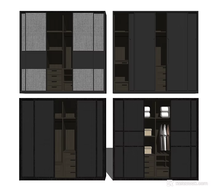 Black Modern Wardrobe Design With Mesh Panels Drawers Hanging Rods And Storage Interior 3d model 