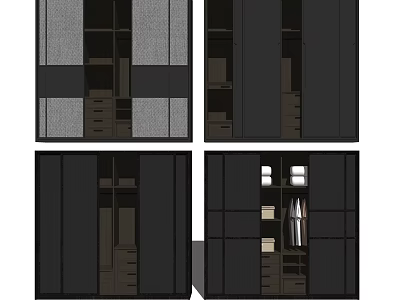 Black Modern Wardrobe Design With Mesh Panels Drawers Hanging Rods And Storage Interior 3d model