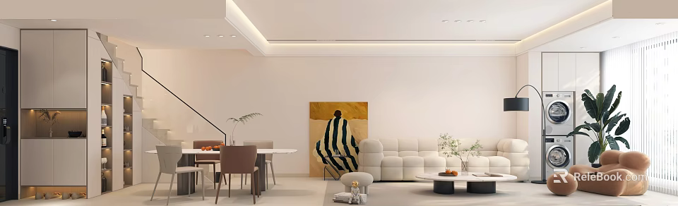 Modern Living Dining Room Interior With Beige Sofa Dining Table Chairs And Artwork 3d model